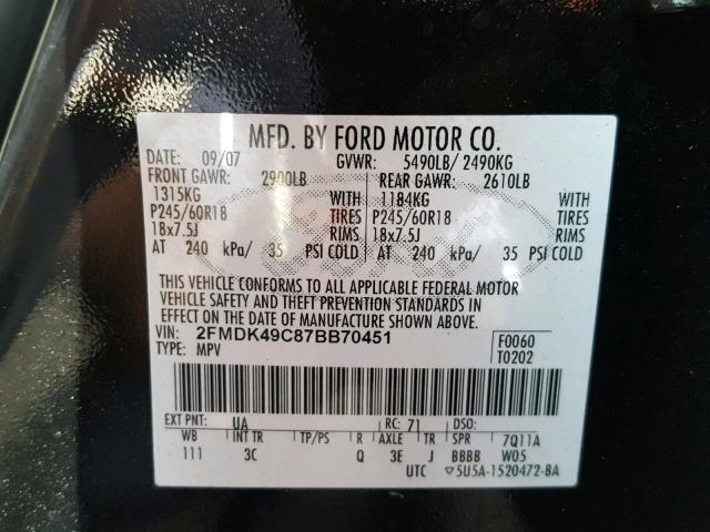 2FMDK49C87BB70451 - 2007 FORD EDGE SEL P BLACK photo 10