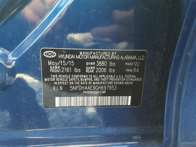 5NPDH4AE9GH697953 - 2016 HYUNDAI ELANTRA SE BLUE photo 10