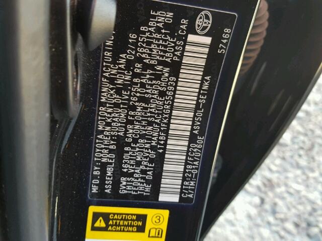 4T4BF1FKXGR556939 - 2016 TOYOTA CAMRY LE შავი ფოტო 10