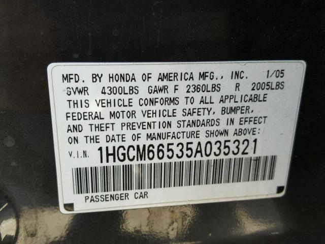 1HGCM66535A035321 - 2005 HONDA ACCORD EX CHARCOAL photo 10