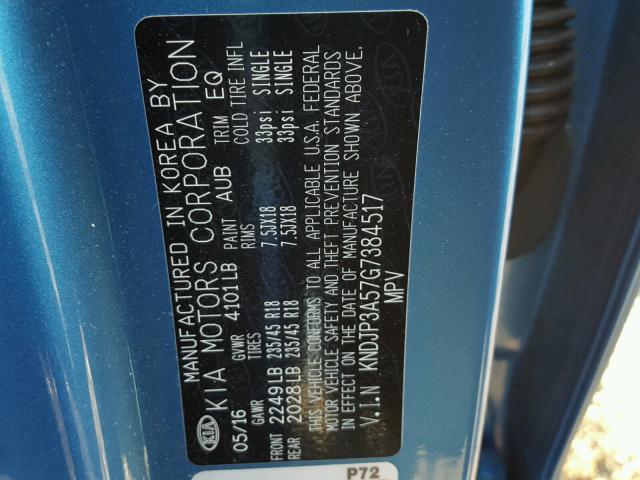 KNDJP3A57G7384517 - 2016 KIA SOUL + BLUE photo 10