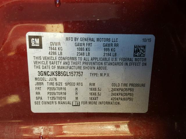 3GNCJKSB5GL157757 - 2016 CHEVROLET TRAX LS RED photo 10