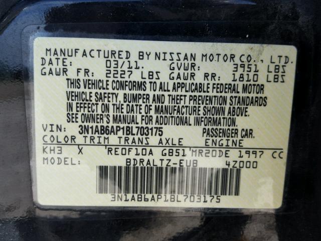 3N1AB6AP1BL703175 - 2011 NISSAN SENTRA 2.0 BLACK photo 10