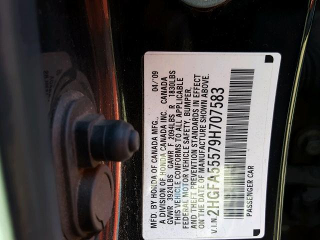 2HGFA55579H707583 - 2009 HONDA CIVIC SI BLACK photo 10