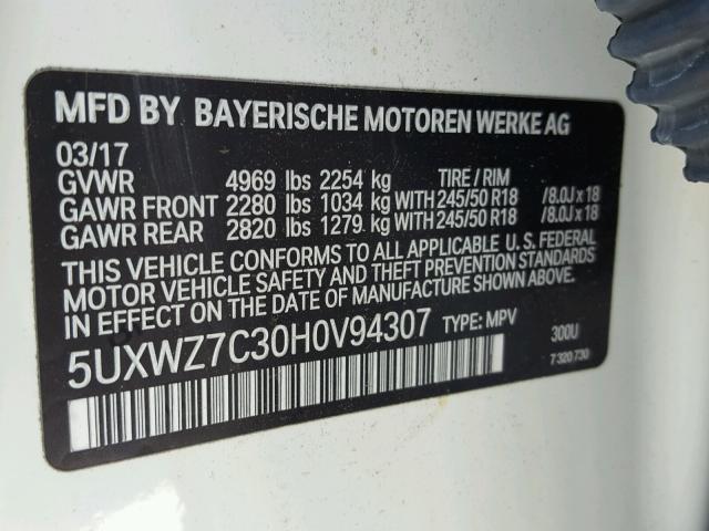 5UXWZ7C30H0V94307 - 2017 BMW X3 SDRIVE2 WHITE photo 10