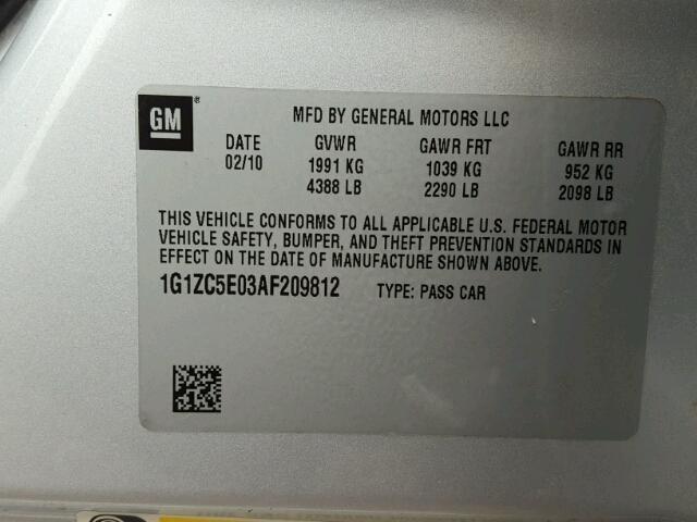 1G1ZC5E03AF209812 - 2010 CHEVROLET MALIBU 1LT 银色 照片 10