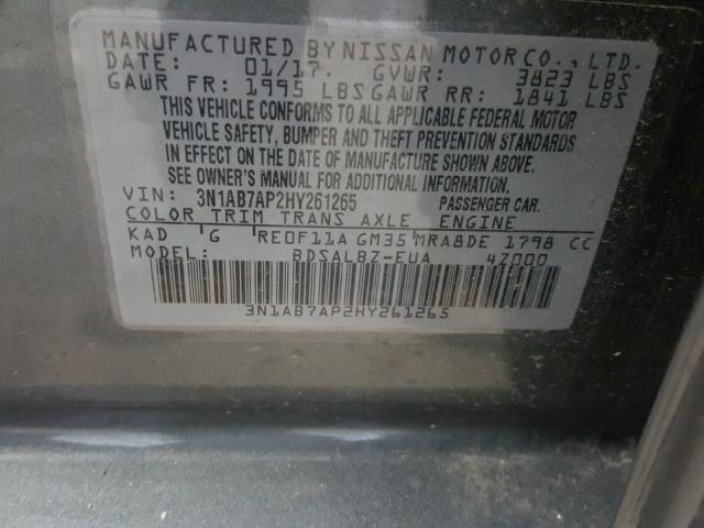 3N1AB7AP2HY261265 - 2017 NISSAN SENTRA S CHARCOAL photo 10