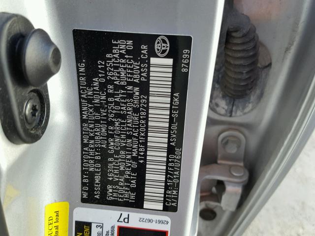 4T4BF1FK0CR187292 - 2012 TOYOTA CAMRY BASE SILVER photo 10