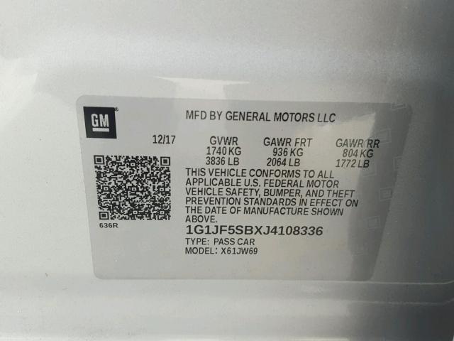 1G1JF5SBXJ4108336 - 2018 CHEVROLET SONIC PREM SILVER photo 10