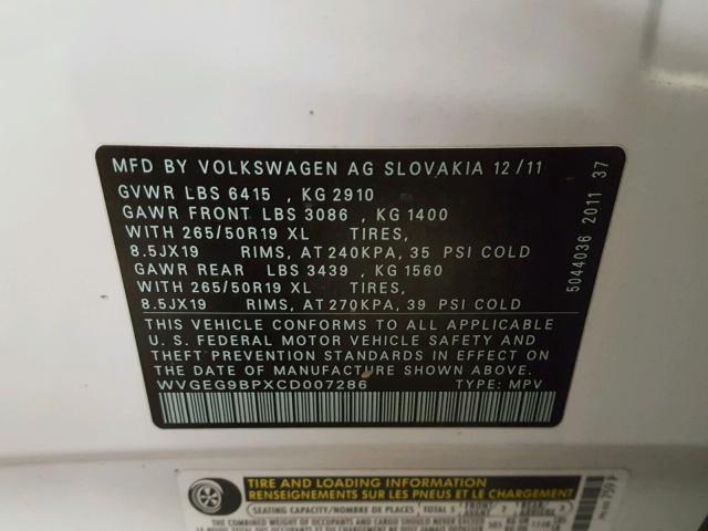 WVGEG9BPXCD007286 - 2012 VOLKSWAGEN TOUAREG HY WHITE photo 10