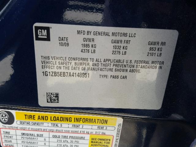 1G1ZB5EB7A4148951 - 2010 CHEVROLET MALIBU LS ლურჯი ფოტო 10