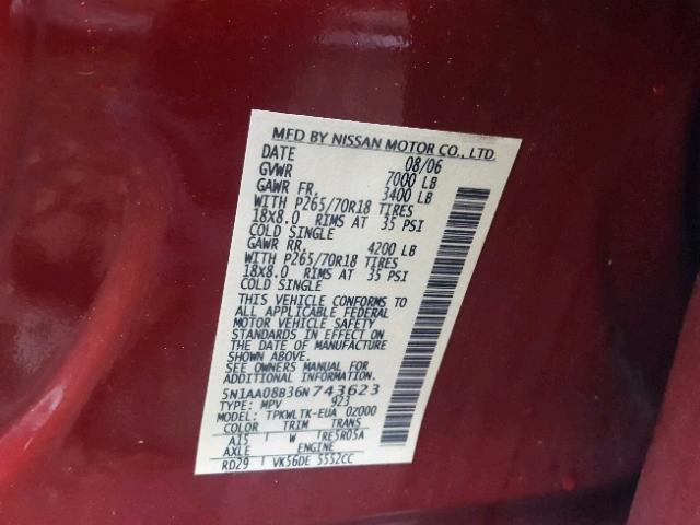 5N1AA08B36N743623 - 2006 NISSAN ARMADA SE RED photo 10