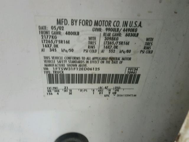 1FTSW31F12ED06125 - 2002 FORD F350 WHITE photo 10