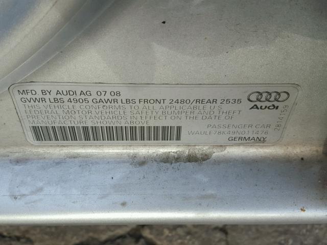 WAULF78K49N011476 - 2009 AUDI A4 2.0T QU SILVER photo 10