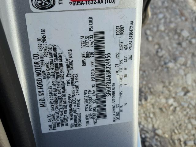 3FAHP0JA6BR324956 - 2011 FORD FUSION SEL SILVER photo 10