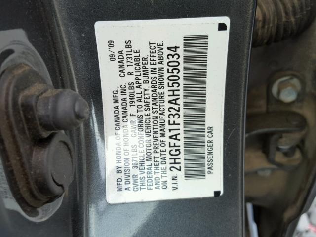 2HGFA1F32AH505034 - 2010 HONDA CIVIC GRAY photo 10