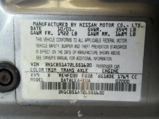 3N1CB51A72L551630 - 2002 NISSAN SENTRA GXE TAN photo 10