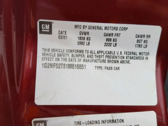 1G2NF52T51M616851 - 2001 PONTIAC GRAND AM S RED photo 10