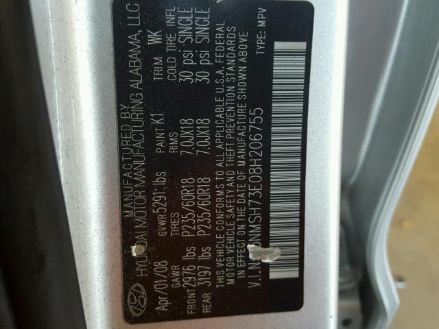 5NMSH73E08H206755 - 2008 HYUNDAI SANTA FE S 银色 照片 10