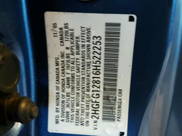 2HGFG12816H522253 - 2006 HONDA CIVIC EX BLUE photo 10