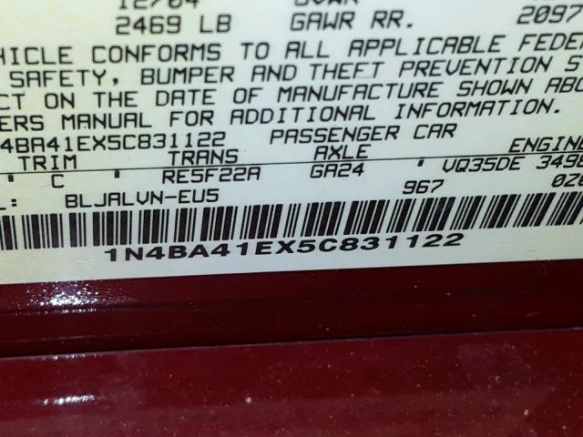 1N4BA41EX5C831122 - 2005 NISSAN MAXIMA SE RED photo 10