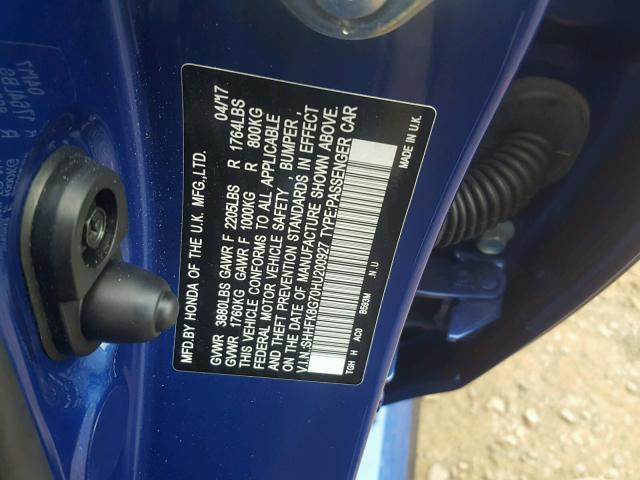 SHHFK8G70HU200927 - 2017 HONDA CIVIC TYPE BLUE photo 10