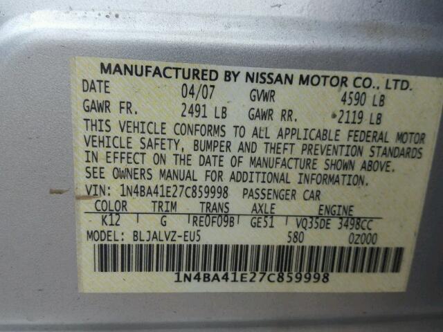 1N4BA41E27C859998 - 2007 NISSAN MAXIMA SE SILVER photo 10