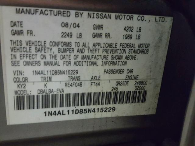 1N4AL11D85N415229 - 2005 NISSAN ALTIMA S BEIGE photo 10