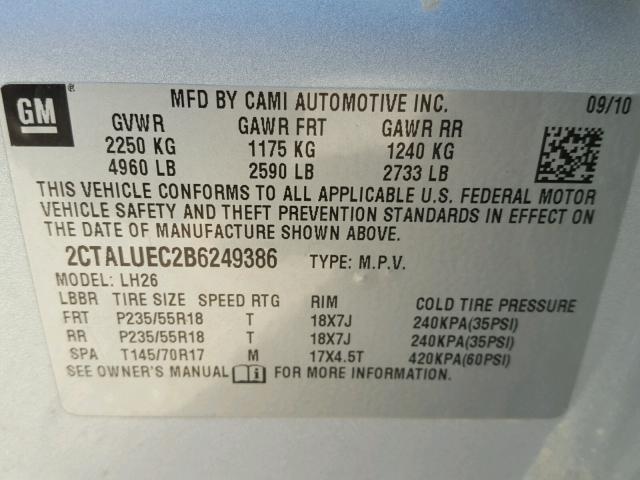 2CTALUEC2B6249386 - 2011 GMC TERRAIN SILVER photo 10