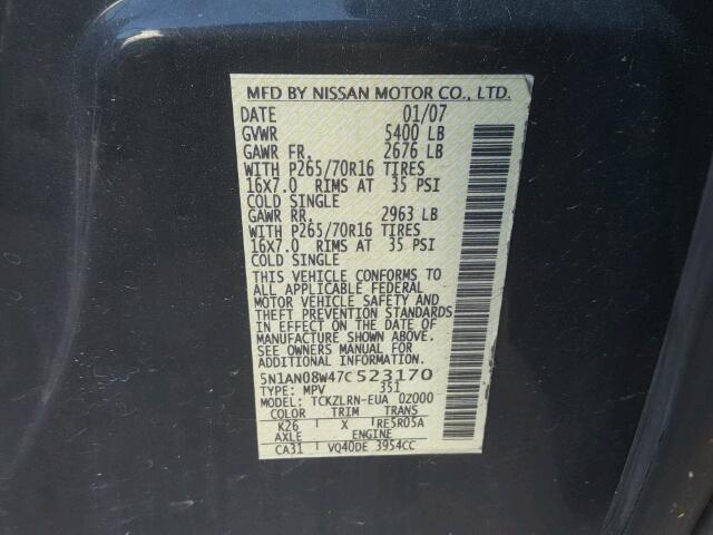 5N1AN08W47C523170 - 2007 NISSAN XTERRA OFF GRAY photo 10