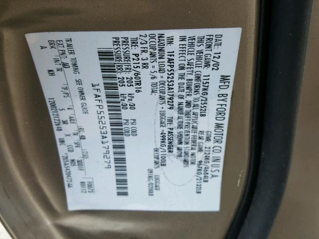 1FAFP55253A179279 - 2003 FORD TAURUS BEIGE photo 10