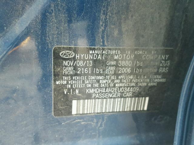 KMHDH4AH2EU034409 - 2014 HYUNDAI ELANTRA SE BLUE photo 10