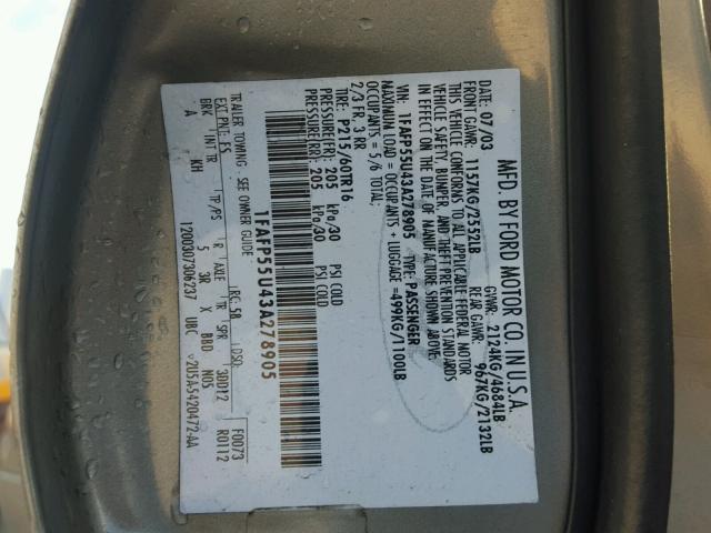 1FAFP55U43A278905 - 2003 FORD TAURUS GRAY photo 10