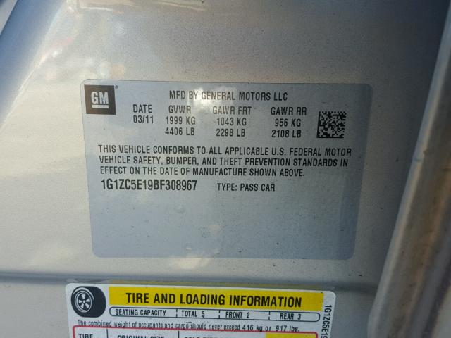 1G1ZC5E19BF308967 - 2011 CHEVROLET MALIBU ოქროსფერი ფოტო 10