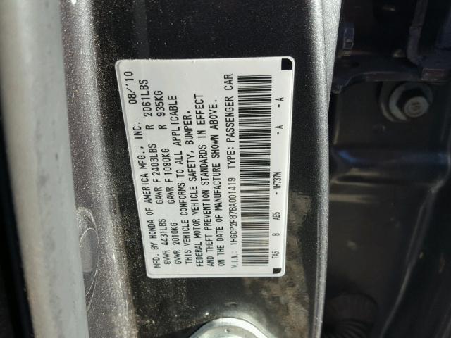 1HGCP2F87BA001419 - 2011 HONDA ACCORD EXL GRAY photo 10