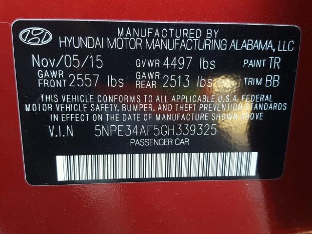 5NPE34AF5GH339325 - 2016 HYUNDAI SONATA SPO RED photo 10