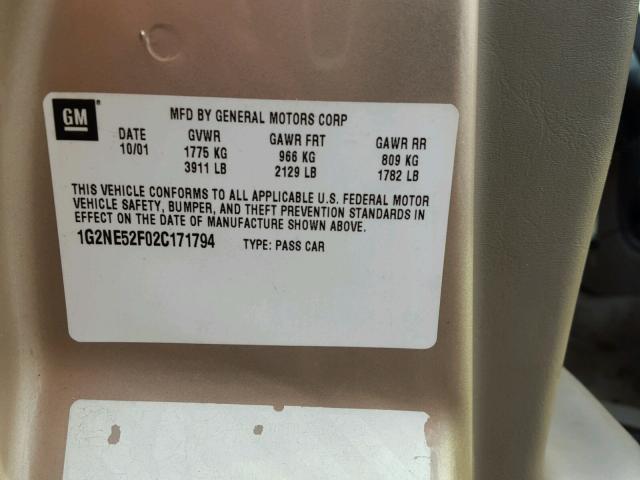 1G2NE52F02C171794 - 2002 PONTIAC GRAND AM S 金色 照片 10