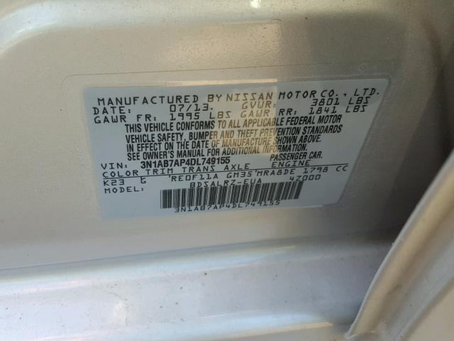 3N1AB7AP4DL749155 - 2013 NISSAN SENTRA FE SILVER photo 10