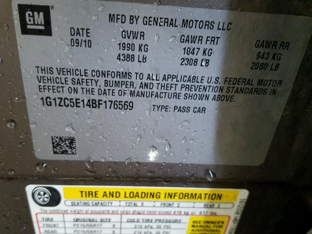 1G1ZC5E14BF176569 - 2011 CHEVROLET MALIBU 1LT შავი ფოტო 10