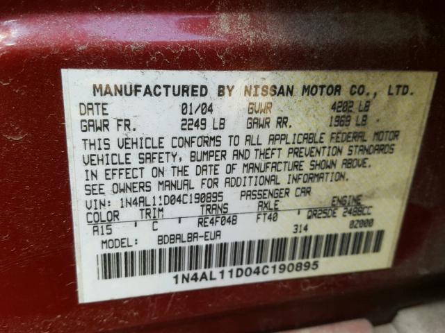 1N4AL11D04C190895 - 2004 NISSAN ALTIMA BAS RED photo 10