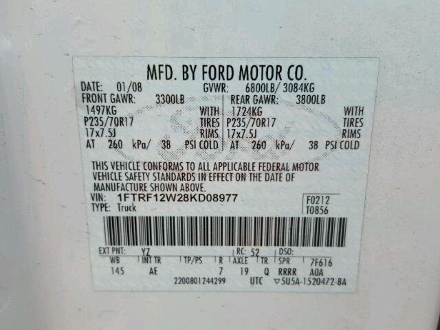 1FTRF12W28KD08977 - 2008 FORD F150 WHITE photo 10