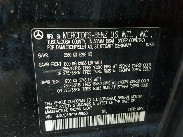 4JGAB72E1YA159658 - 2000 MERCEDES-BENZ ML 430 BLACK photo 10