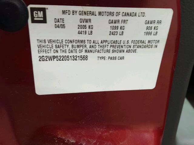 2G2WP522051321568 - 2005 PONTIAC GRAND PRIX 栗色 照片 10