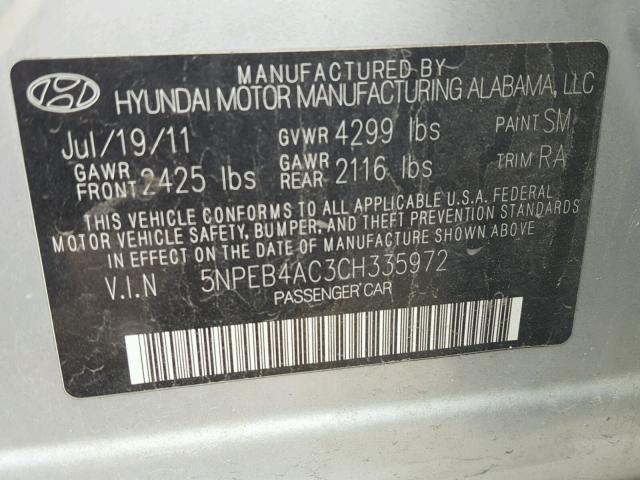 5NPEB4AC3CH335972 - 2012 HYUNDAI SONATA GLS SILVER photo 10