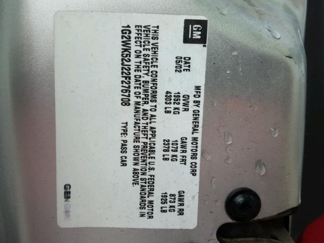 1G2WK52J22F276708 - 2002 PONTIAC GRAND PRIX Сріблястий фото 10