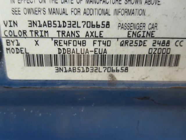 3N1AB51D32L706658 - 2002 NISSAN SENTRA SE- BLUE photo 10