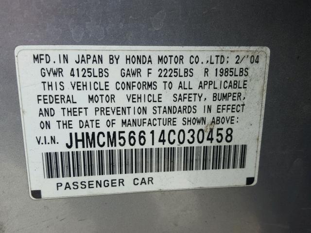 JHMCM56614C030458 - 2004 HONDA ACCORD EX GRAY photo 10