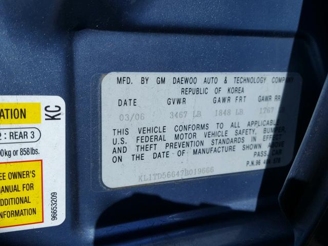 KL1TD56647B019666 - 2007 CHEVROLET AVEO BASE Mavi foto 10