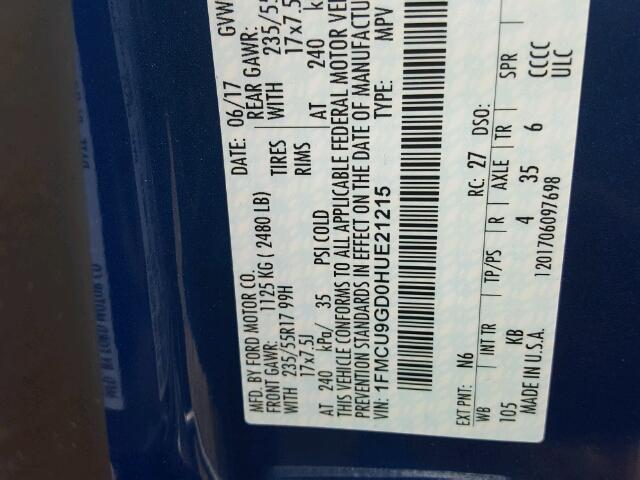 1FMCU9GD0HUE21215 - 2017 FORD ESCAPE SE 蓝色 照片 10