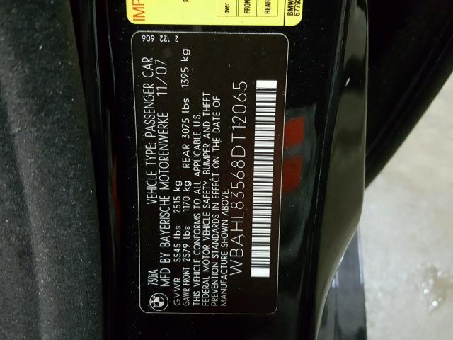 WBAHL83568DT12065 - 2008 BMW 750I BLACK photo 10